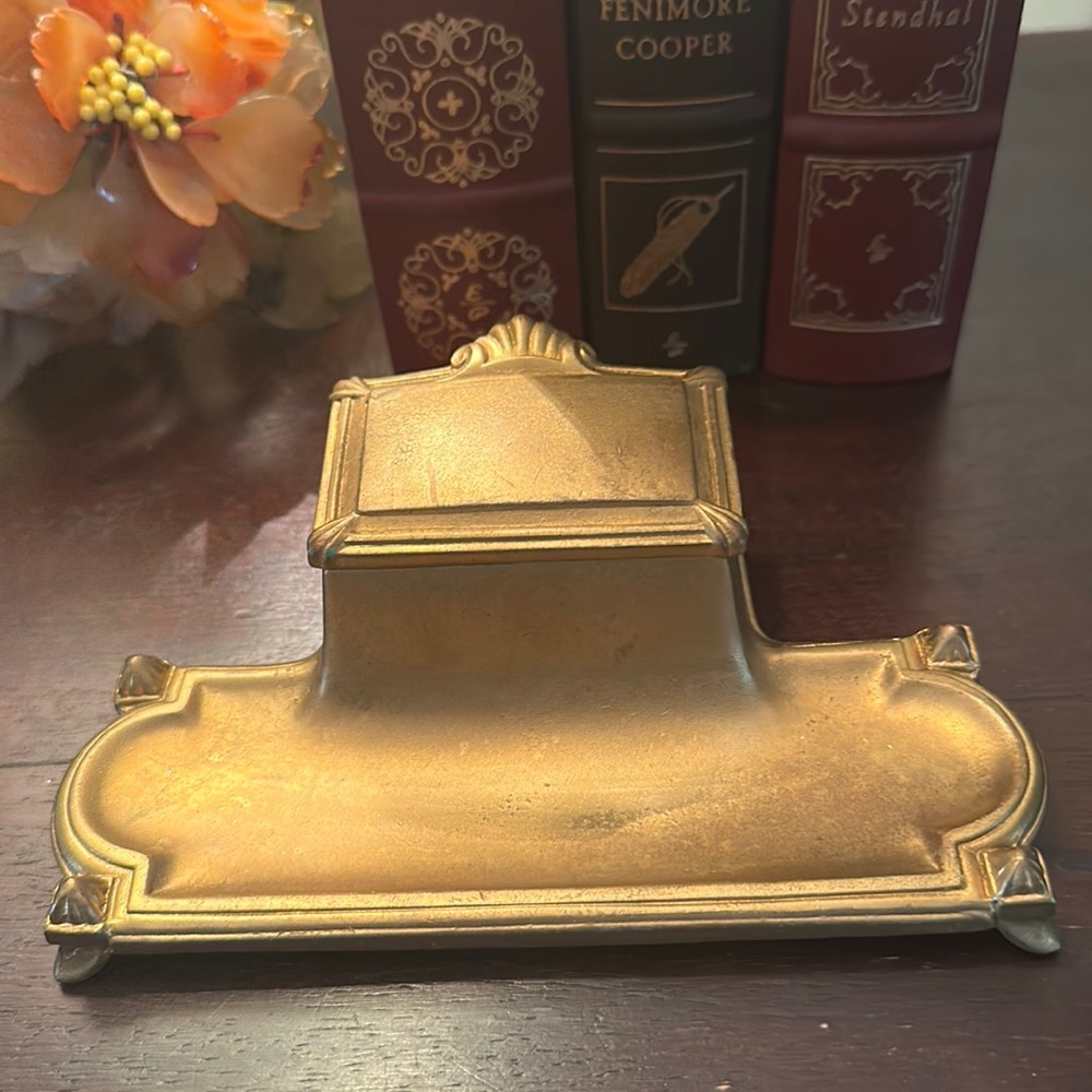 Antique Ink Well with Pen Holder by Jennings Bros. w/Cobalt Blue Glass